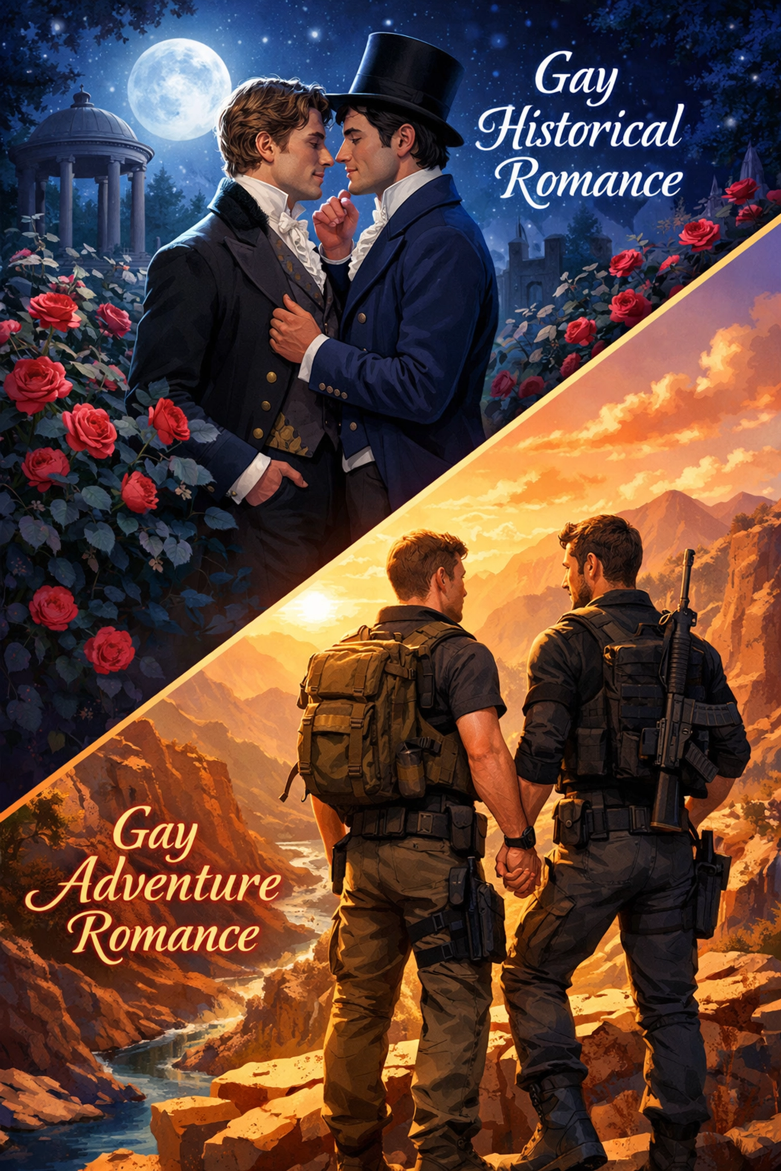 A split scene showing diverse gay romance genres, from historical love stories to mountain adventures.