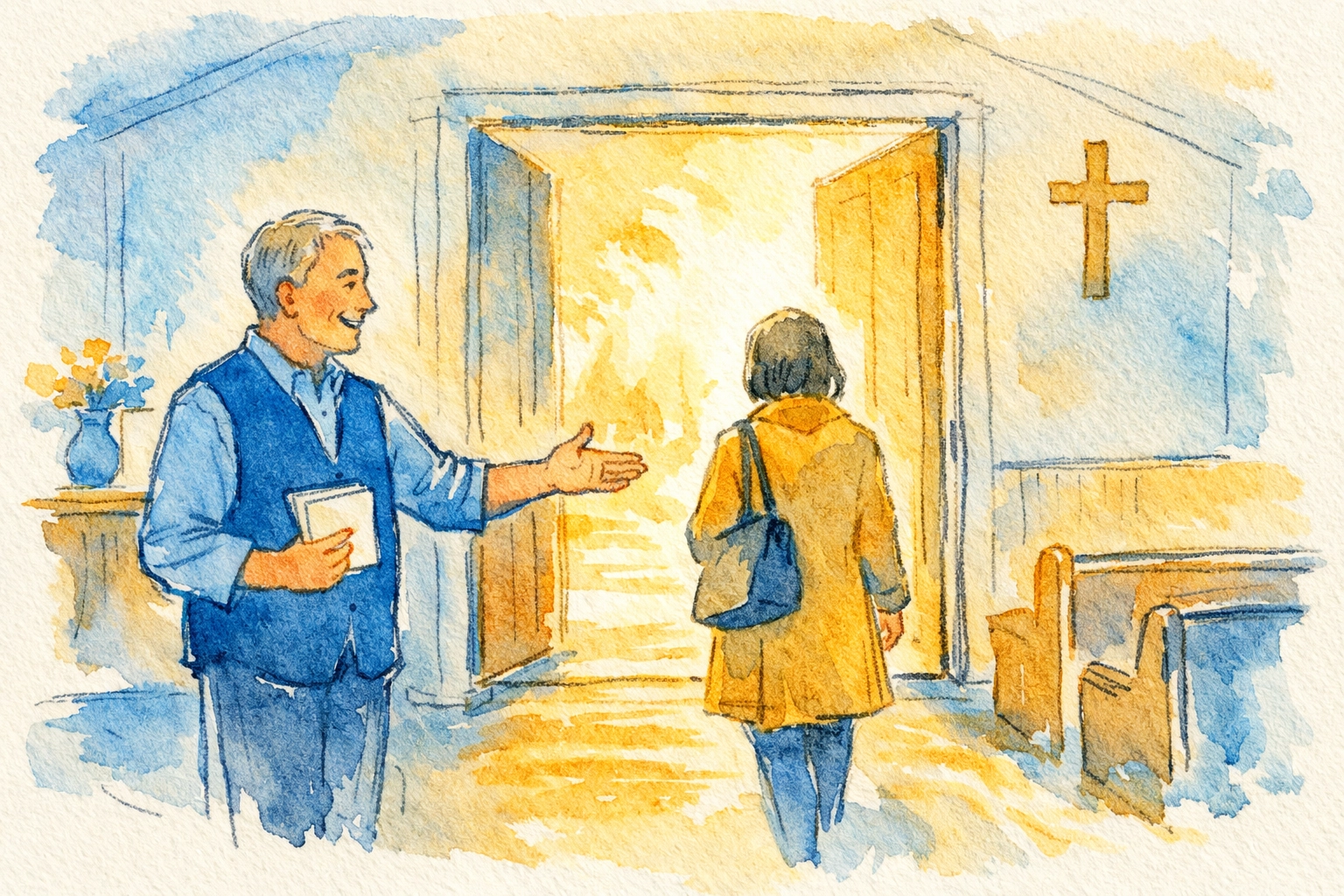 Church greeter warmly welcoming visitor at entrance during first moments of arrival