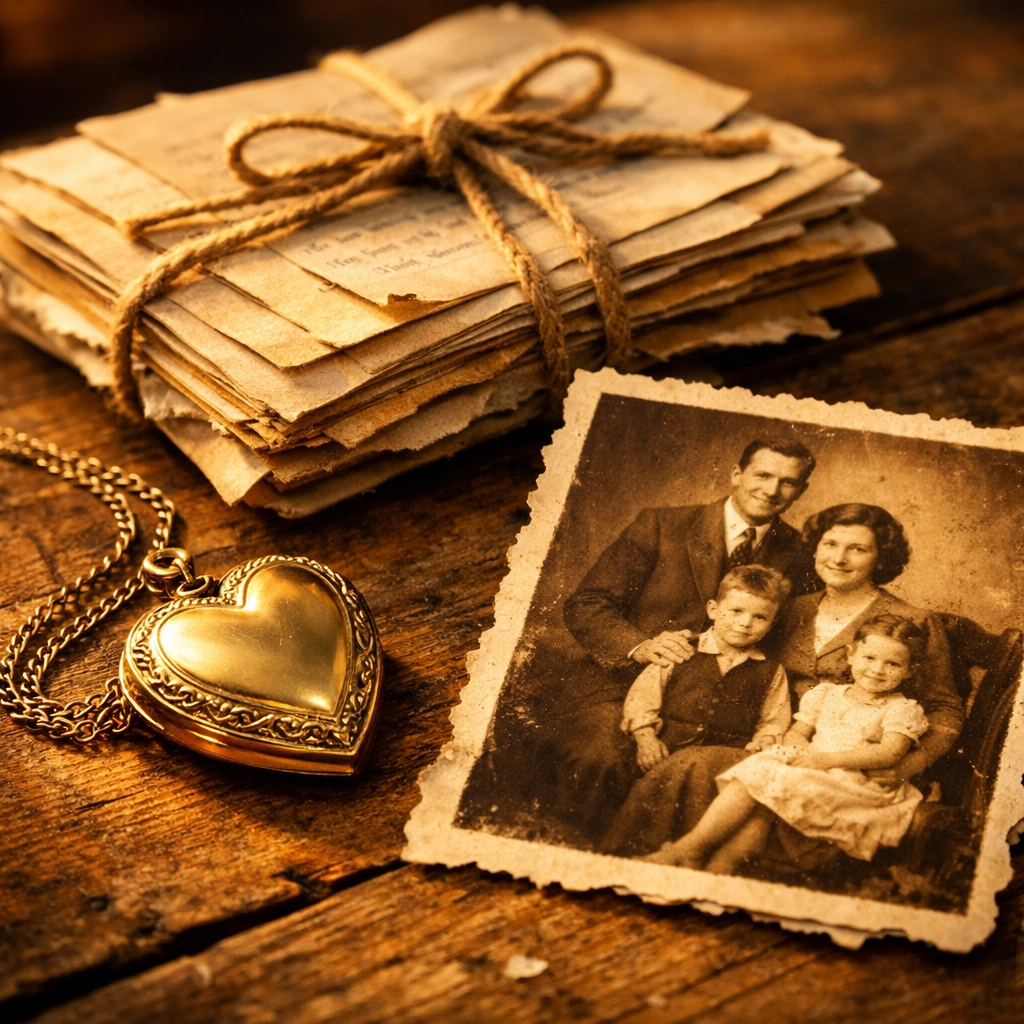 Real photo suggestion: close-up of real keepsakes (family photos, handwritten notes, small jewelry box) on a table with moving boxes in the background—honest and unstaged.