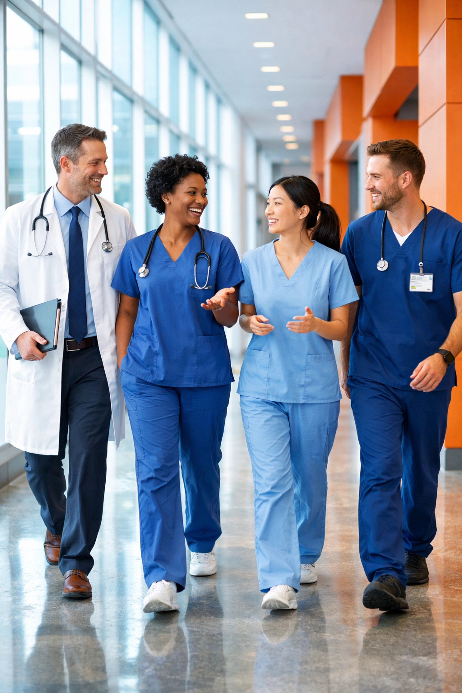 A locums physician and nursing team collaborating in a bright, modern hospital hallway.