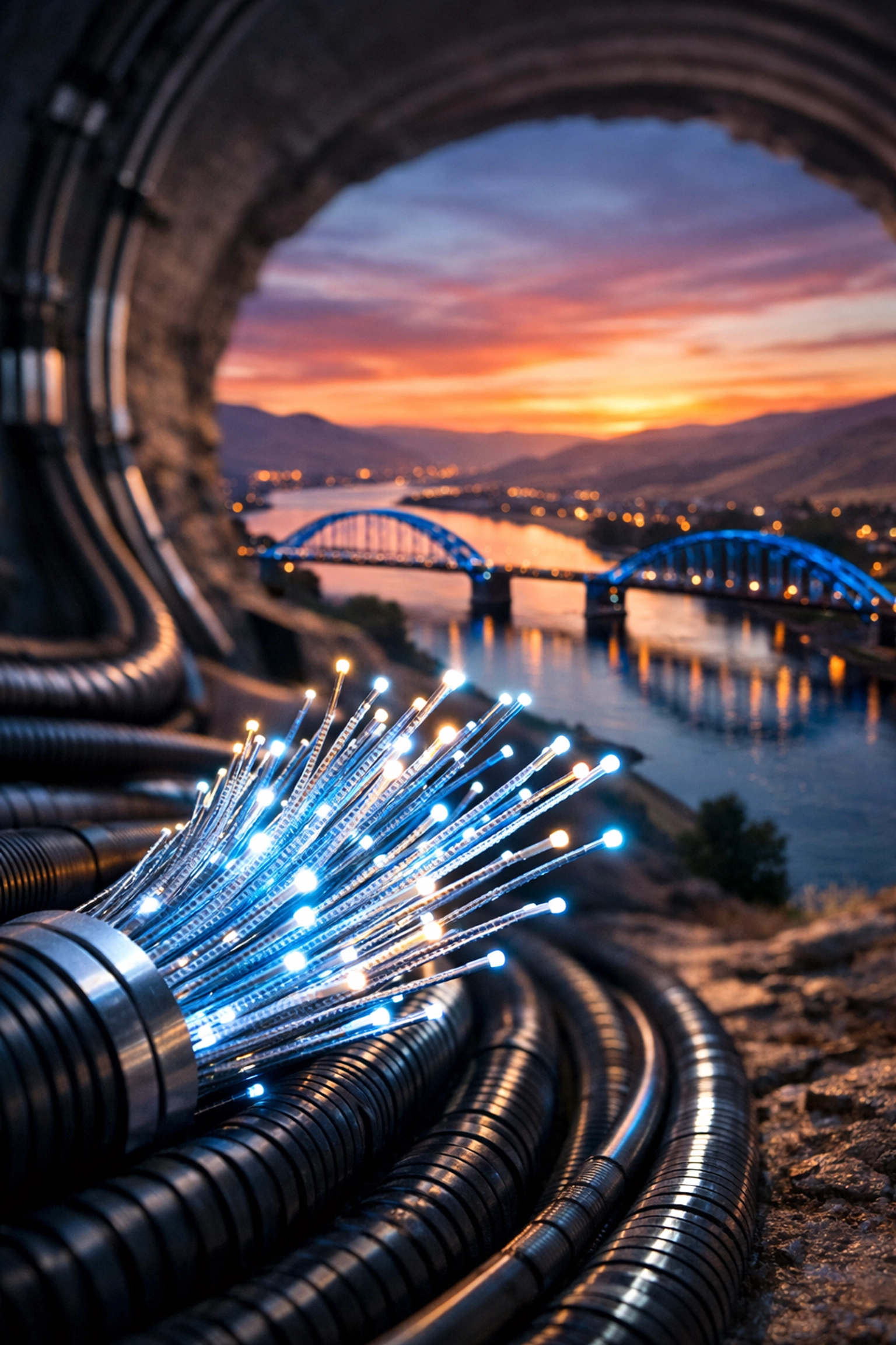 Glowing Port of Clarkston fiber optic cables with the iconic blue bridges and Snake River in the background.