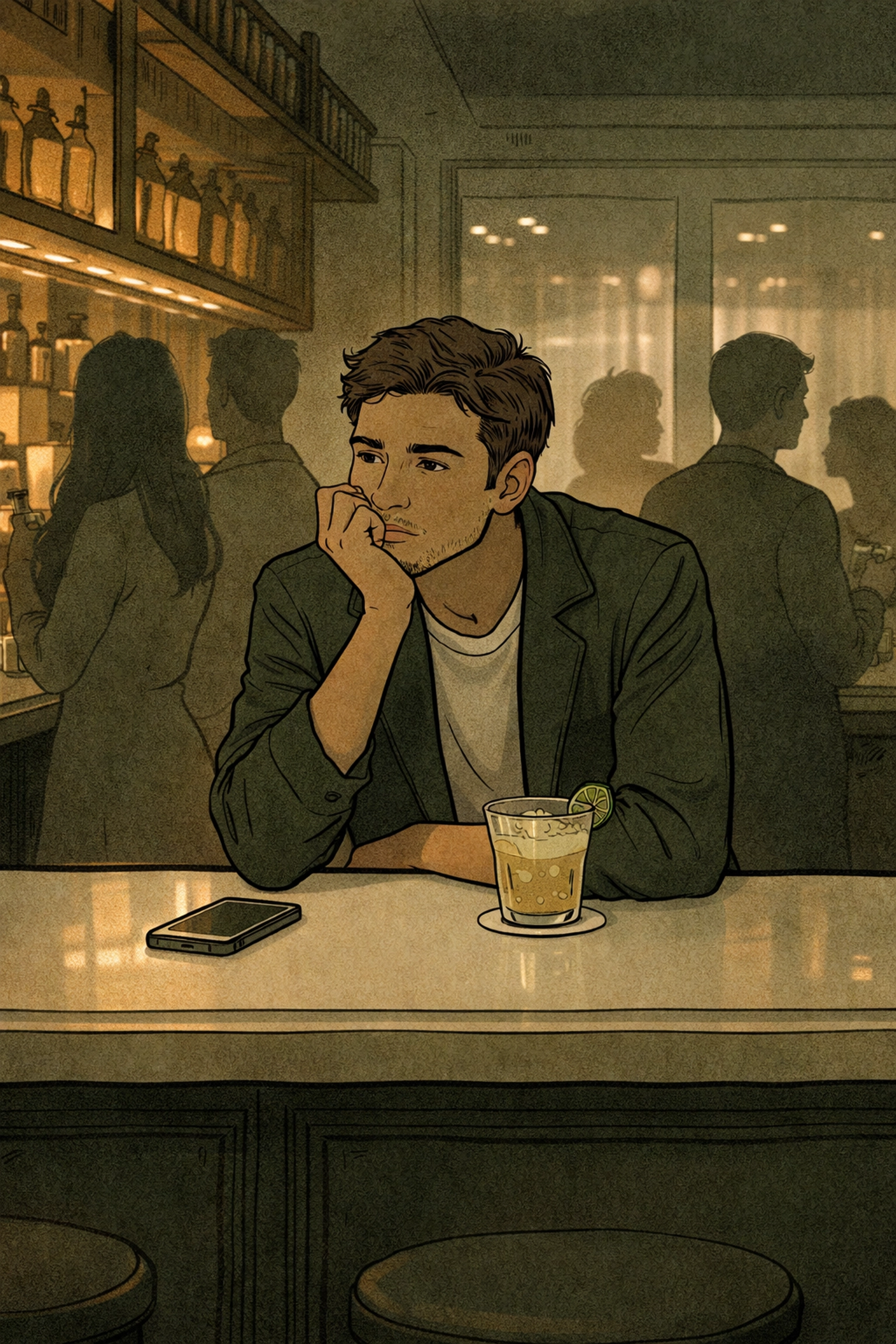 Single gay man sitting alone at a London bar, reflecting on dating app fatigue and loneliness in the gay dating scene.