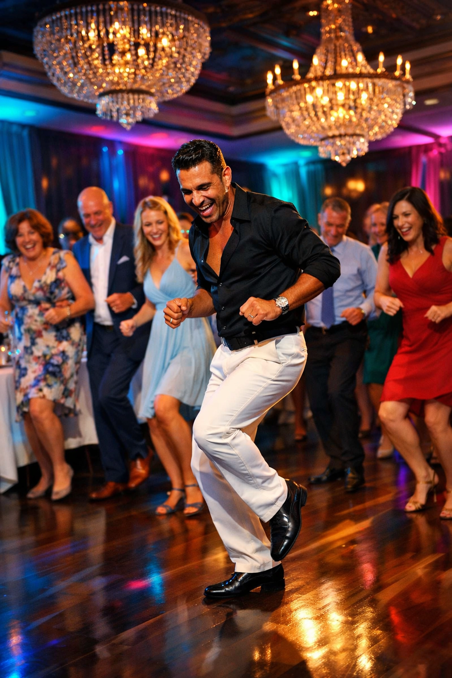Wedding guests playing hand drums and percussion instruments in interactive jam session