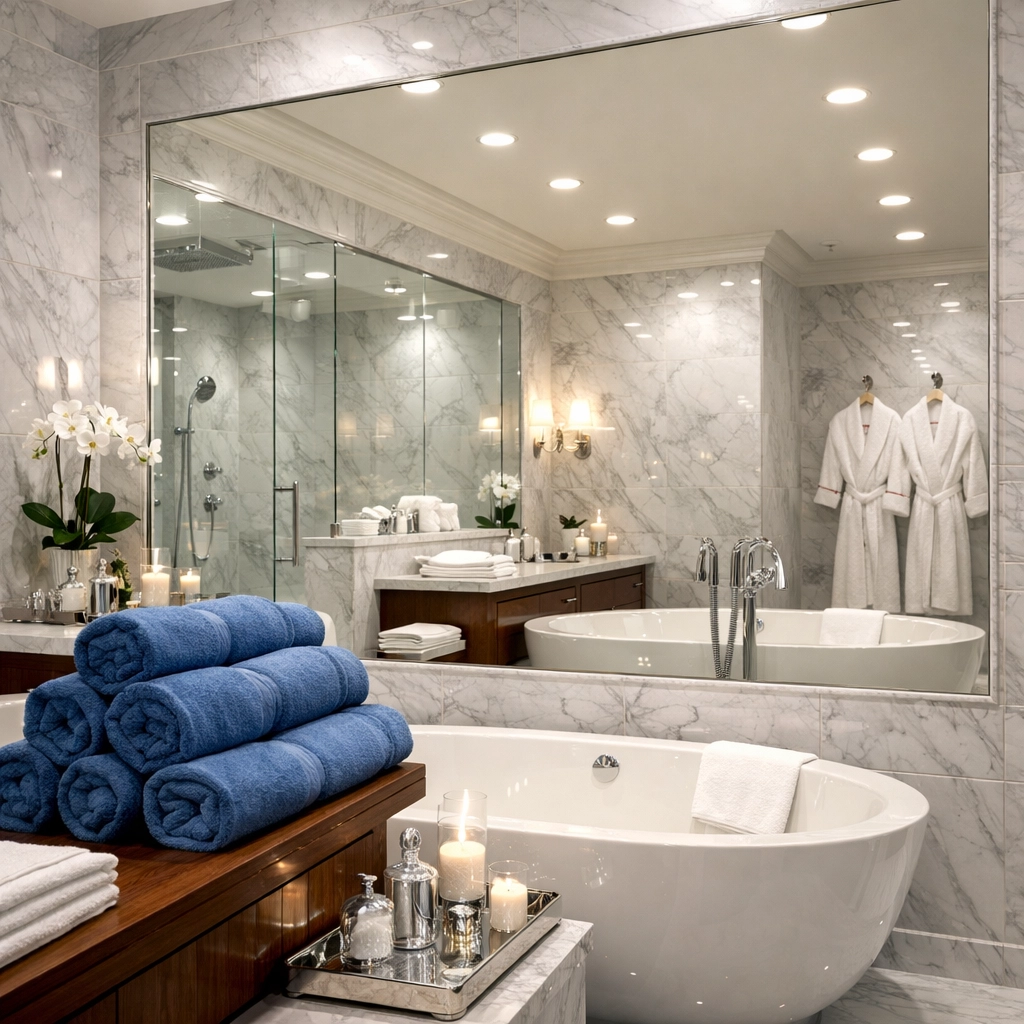 Immaculate marble master bathroom reflecting professional luxury house cleaning in Manchester-by-the-Sea.