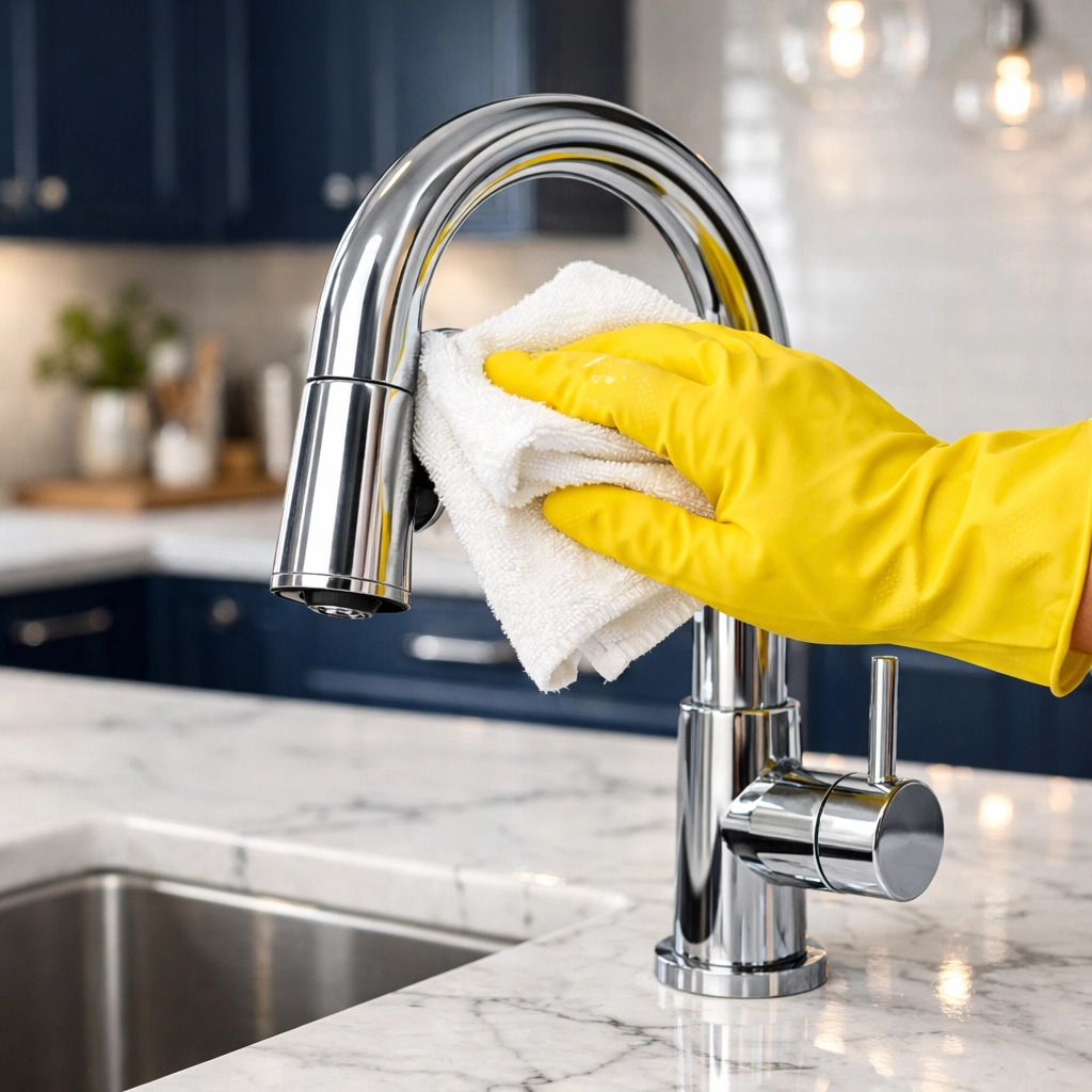 Expert deep house cleaning in Shirley MA featuring a polished kitchen faucet and sanitized surfaces.