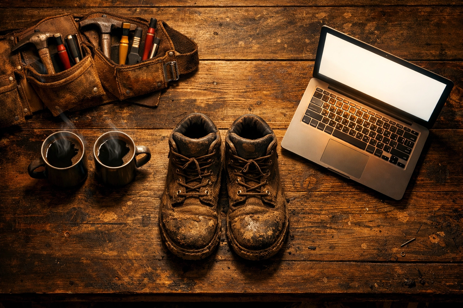 Contractor workbench with duplicate boots and laptop, symbolizing QuickBooks double-entry bookkeeping errors.