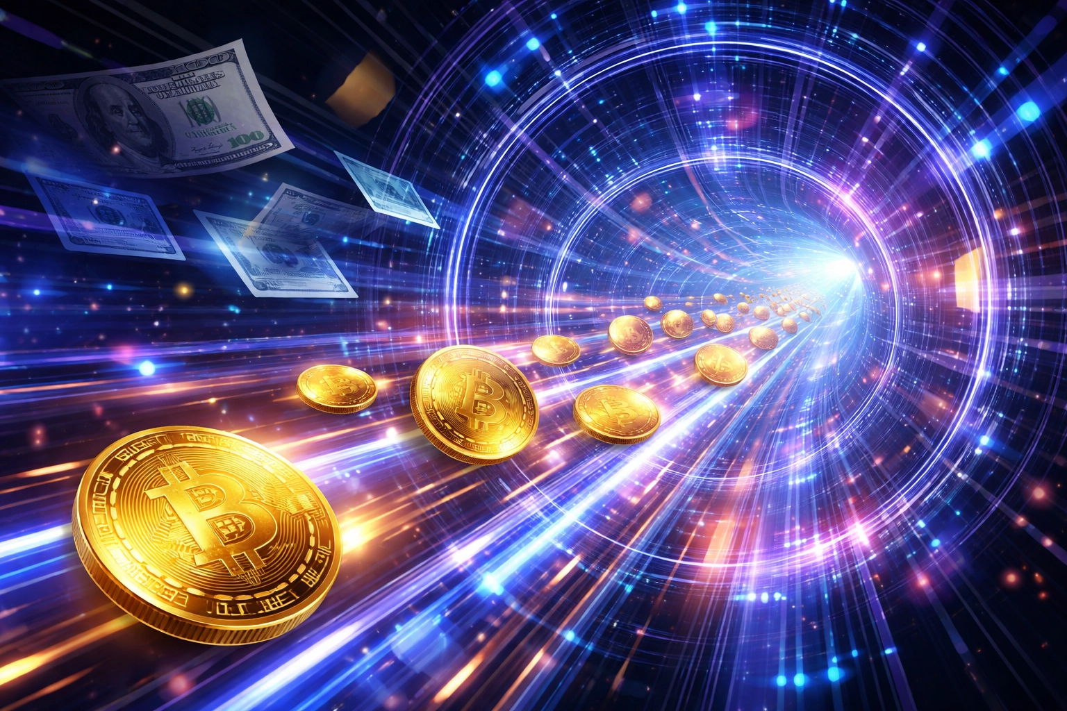 Golden coins moving through a digital blockchain tunnel illustrating the transition from traditional payment methods to Web3 global payments, highlighting reduced merchant interchange fees.