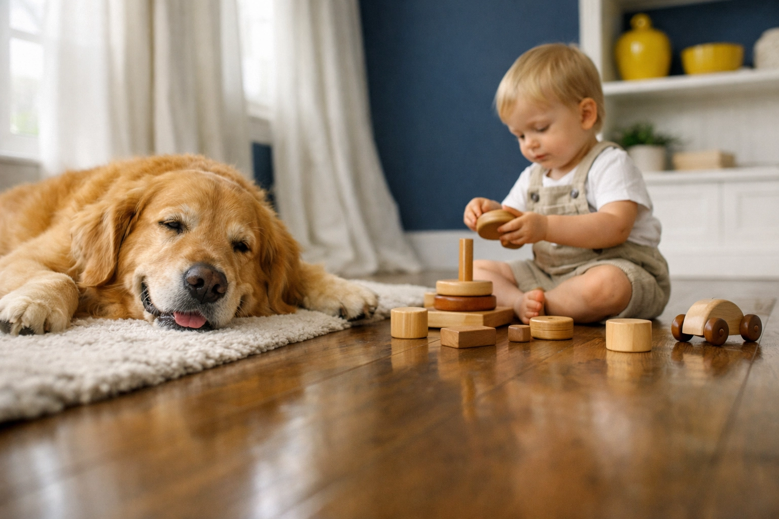 Toddler and dog on a clean hardwood floor sanitized with eco-friendly house cleaning Worcester MA.