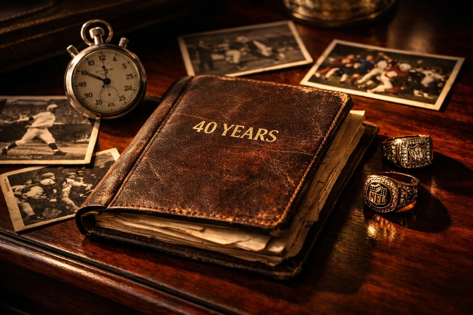 Vintage sports memorabilia and championship rings representing 40 years of Sports Media Inc. marketing expertise
