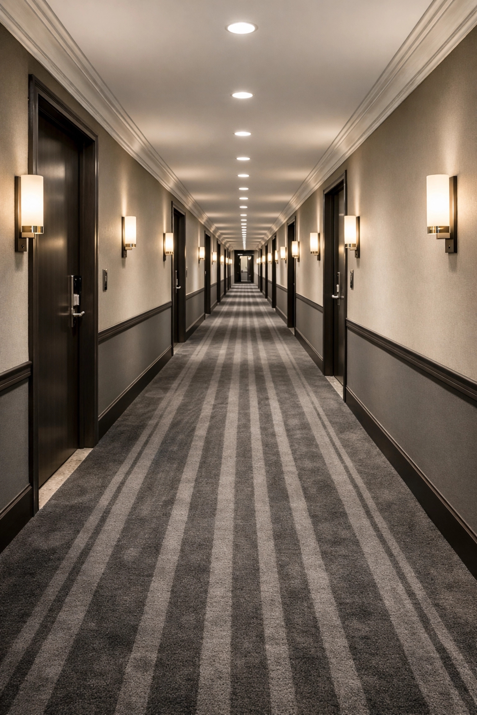 Impeccably vacuumed hallway in a Detroit multifamily building demonstrating premium property maintenance.