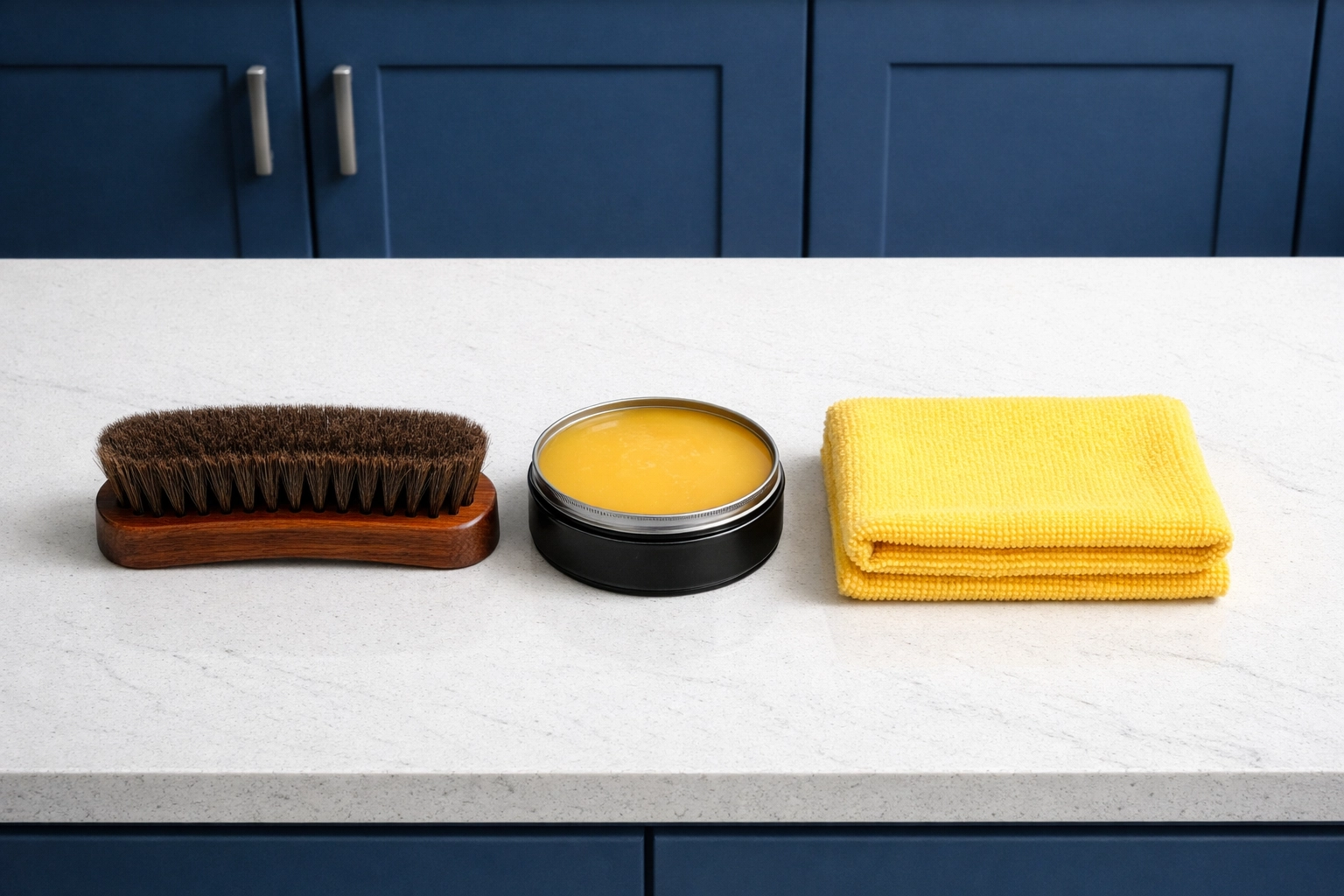 Professional leather care kit with a horsehair brush, beeswax, and microfiber cloth on a clean counter.