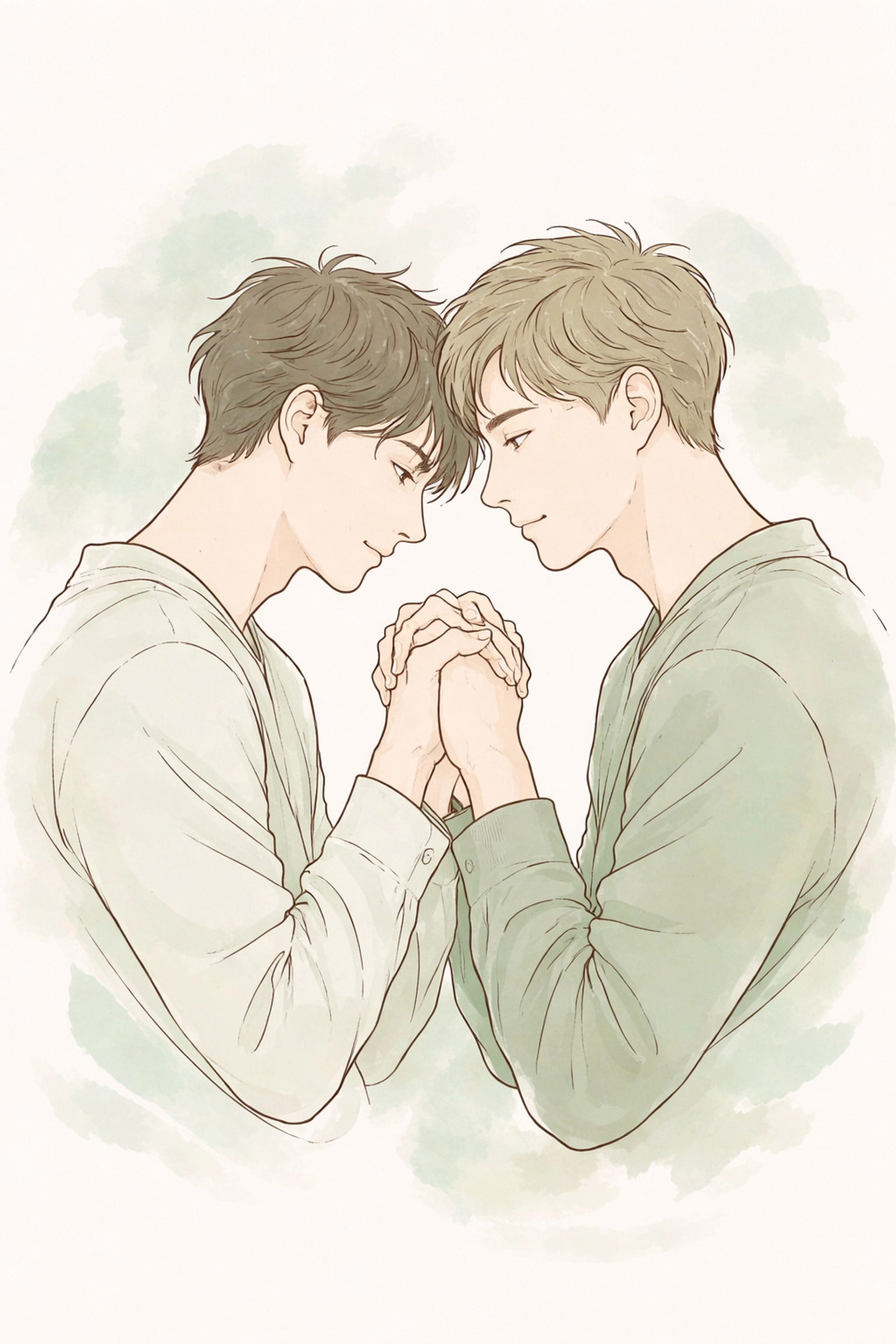 Intimate moment between two men facing each other, holding hands, embracing genuine bisexual connection