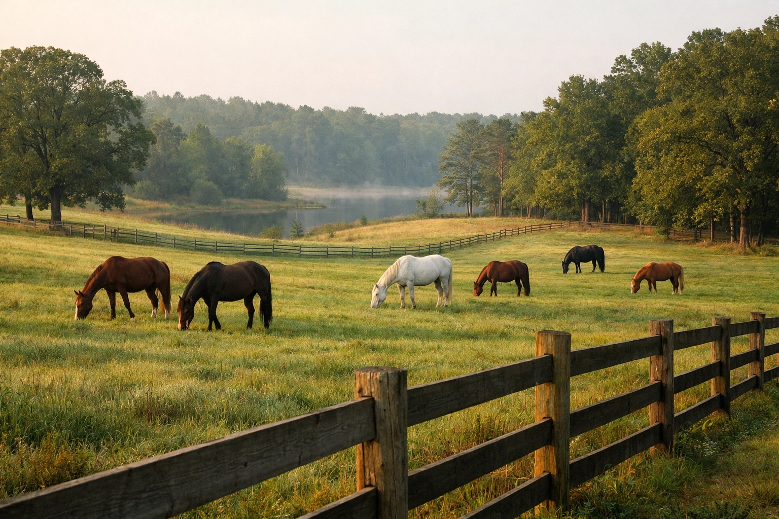 Horses grazing in healthy pastures with board fencing at Waxhaw horse farm