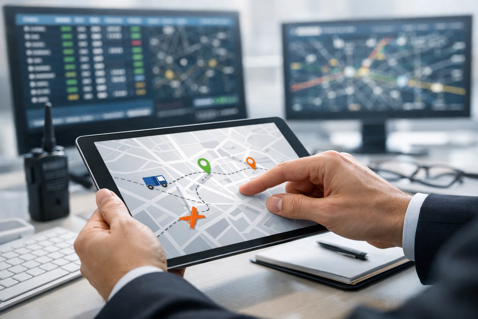 Travel logistics coordinator managing executive security and transportation via a digital command center.