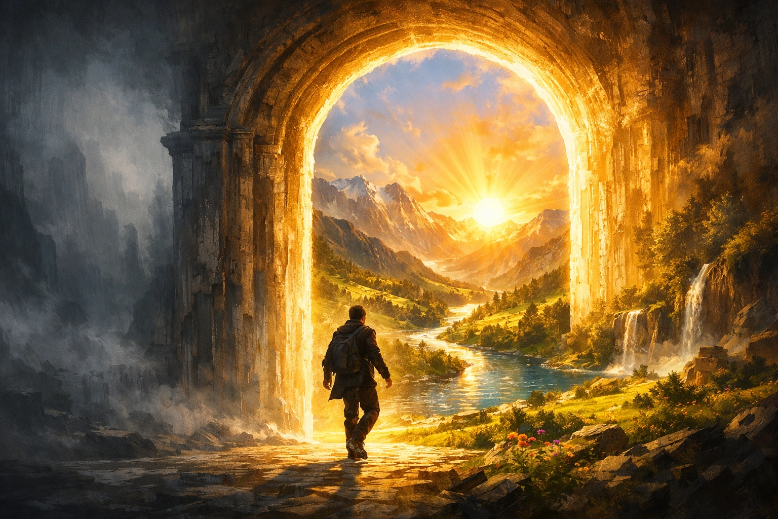 A person stepping through a radiant archway from shadows into a lush landscape of God's grace.