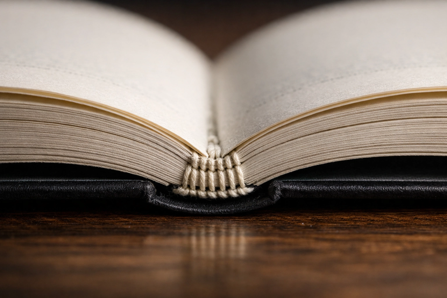 Close-up of high-quality smyth sewn binding with visible stitching in a lay-flat hardcover book.