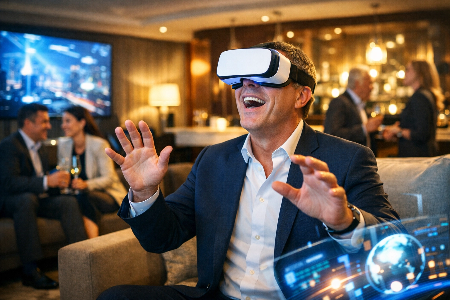 Corporate executives enjoying VR experience at Super Bowl luxury suite