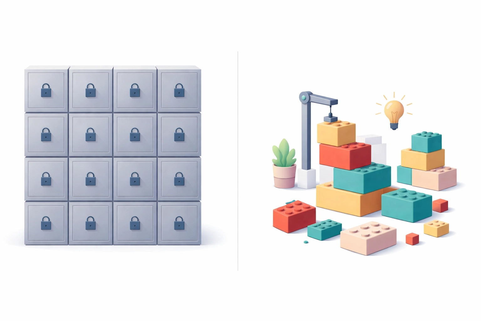Side-by-side illustration of restrictive web templates versus flexible, customizable website components.