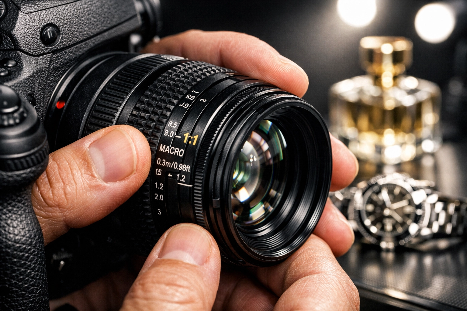 Professional photographer adjusting a high-end macro lens for luxury product photography in Miami.