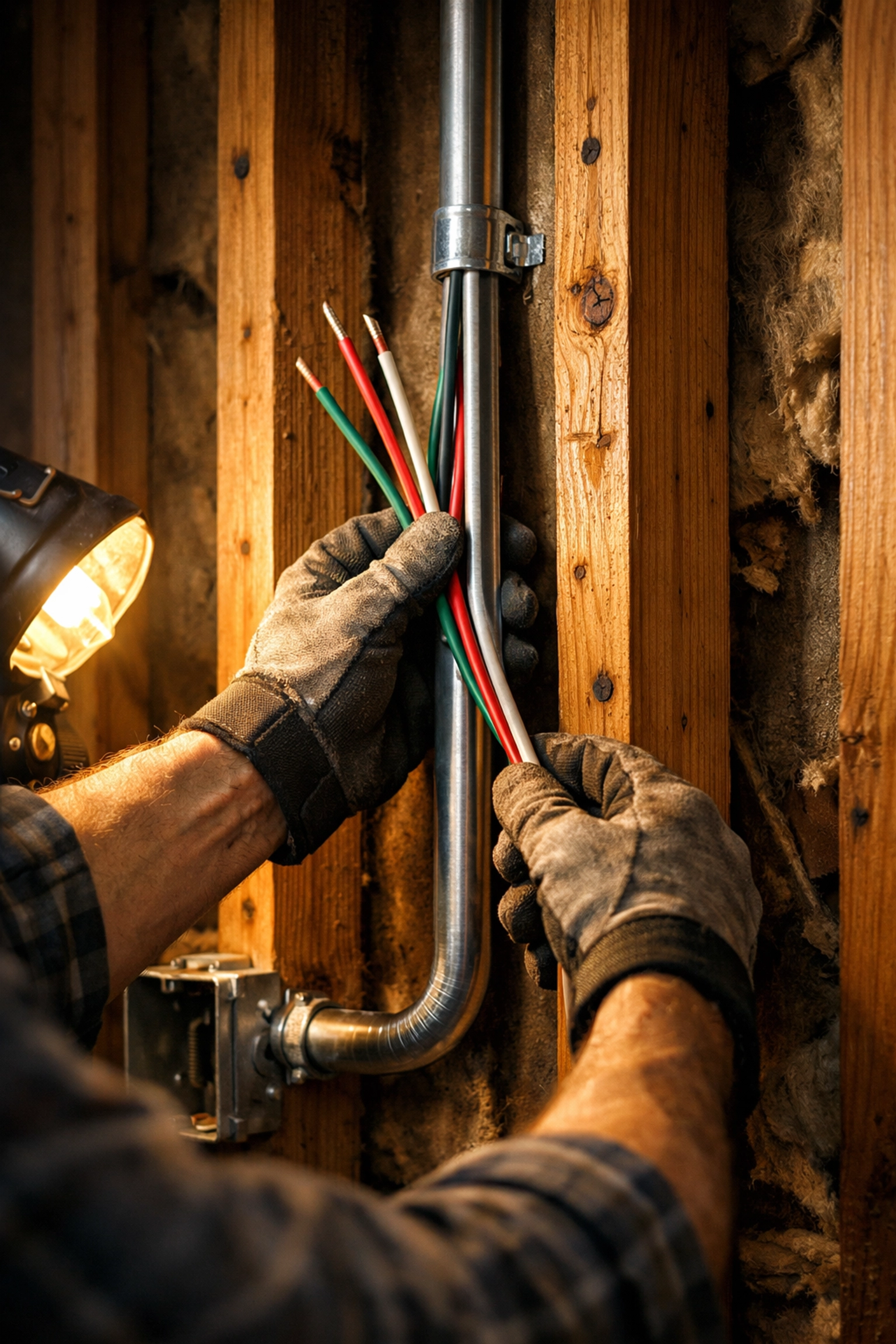 Professional electrical wiring installation showing conduit and wire routing behind home walls