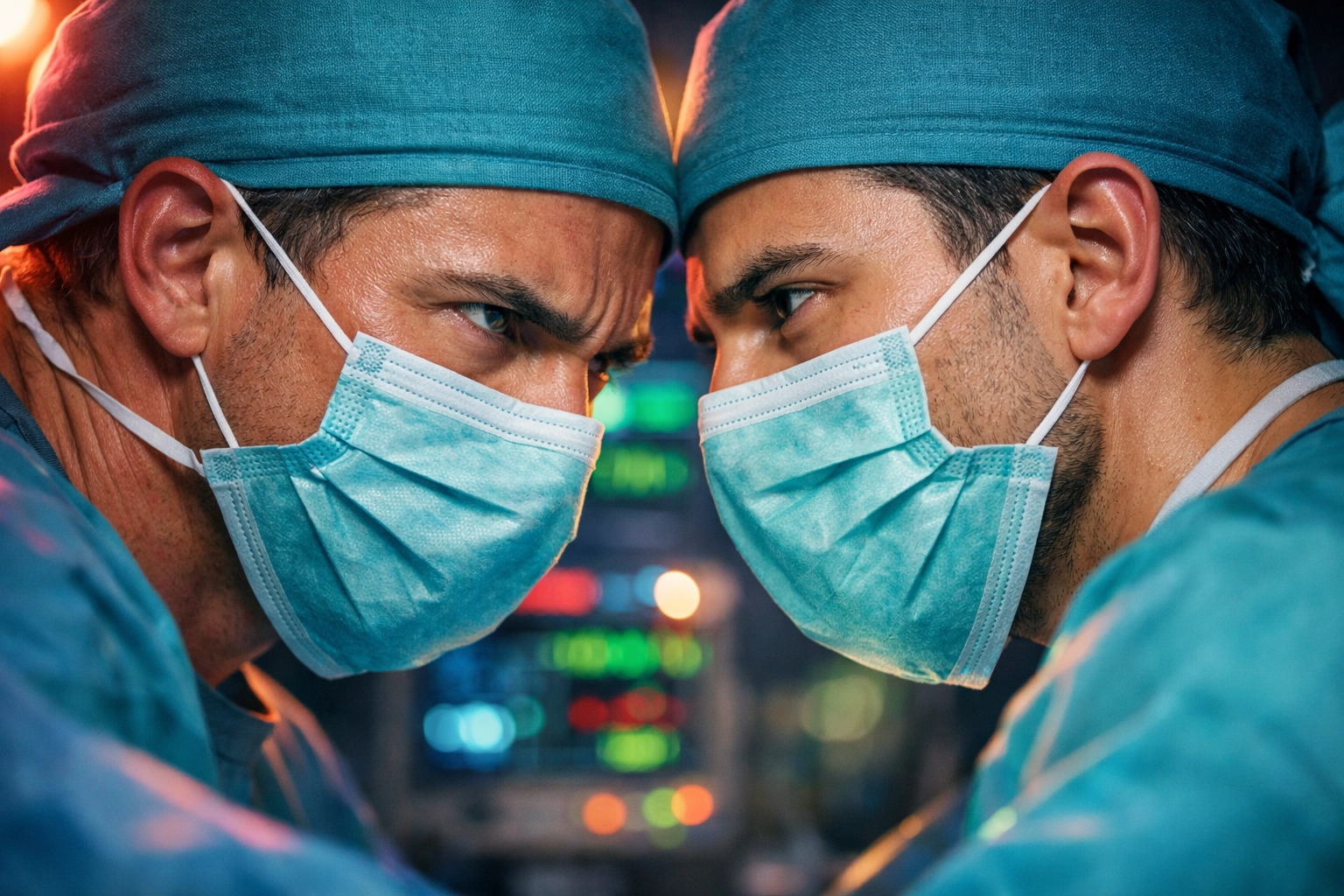 Two male doctors locking eyes above surgical masks during a high-stakes medical procedure.