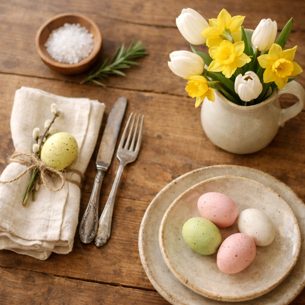 A rustic wooden dining table set for a Southern Easter dinner with fresh spring flowers and vintage cutlery.