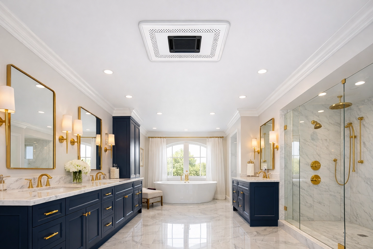Modern master bathroom featuring an efficient flush-mount exhaust fan for optimal ventilation.