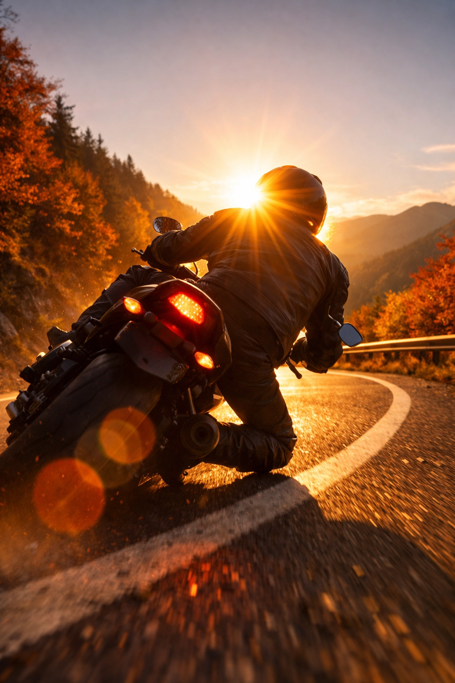Motorcyclist riding winding mountain road with golden hour backlight creating silhouette