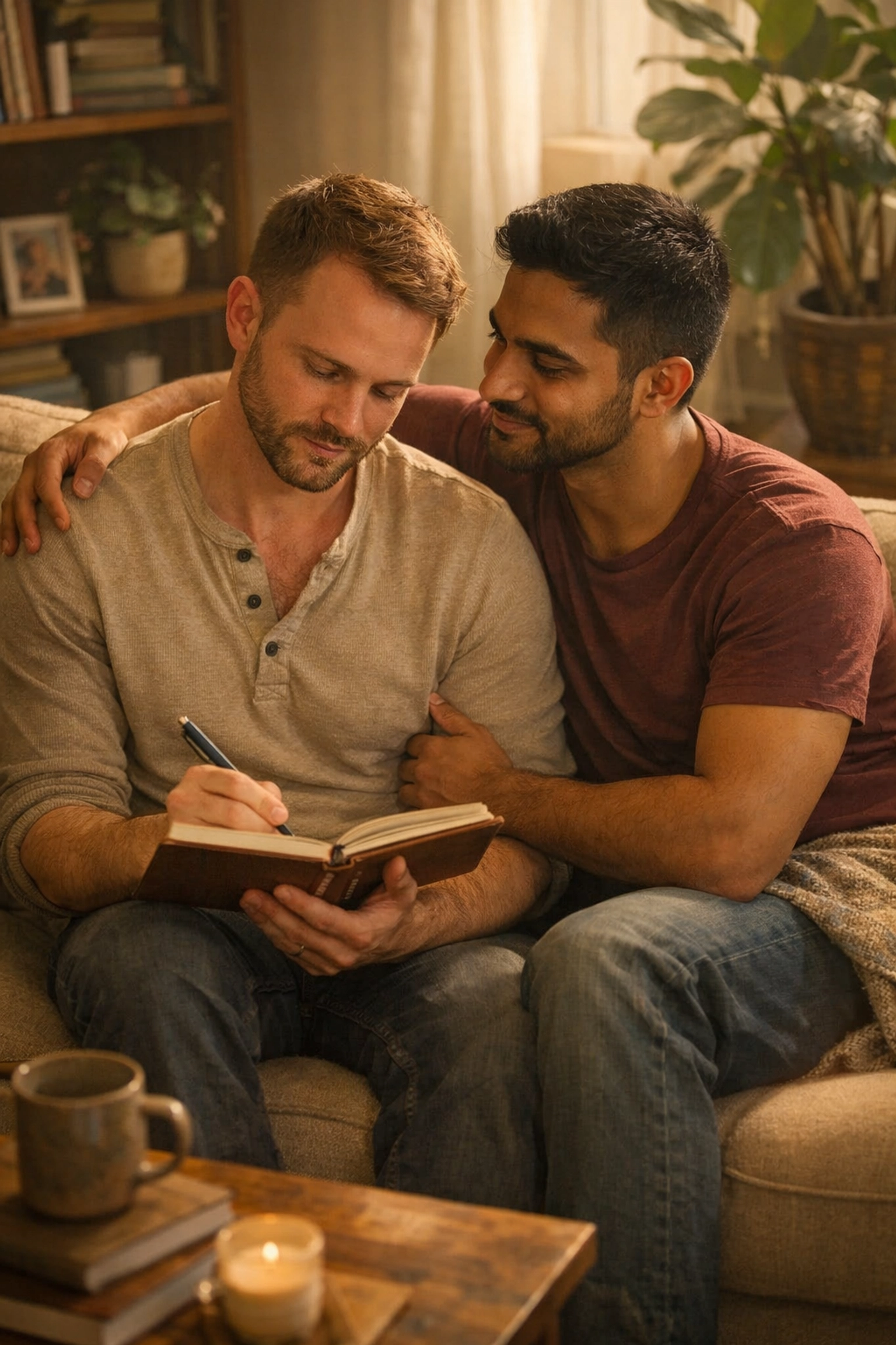 Two gay men in recovery discussing emotional healing and support on couch