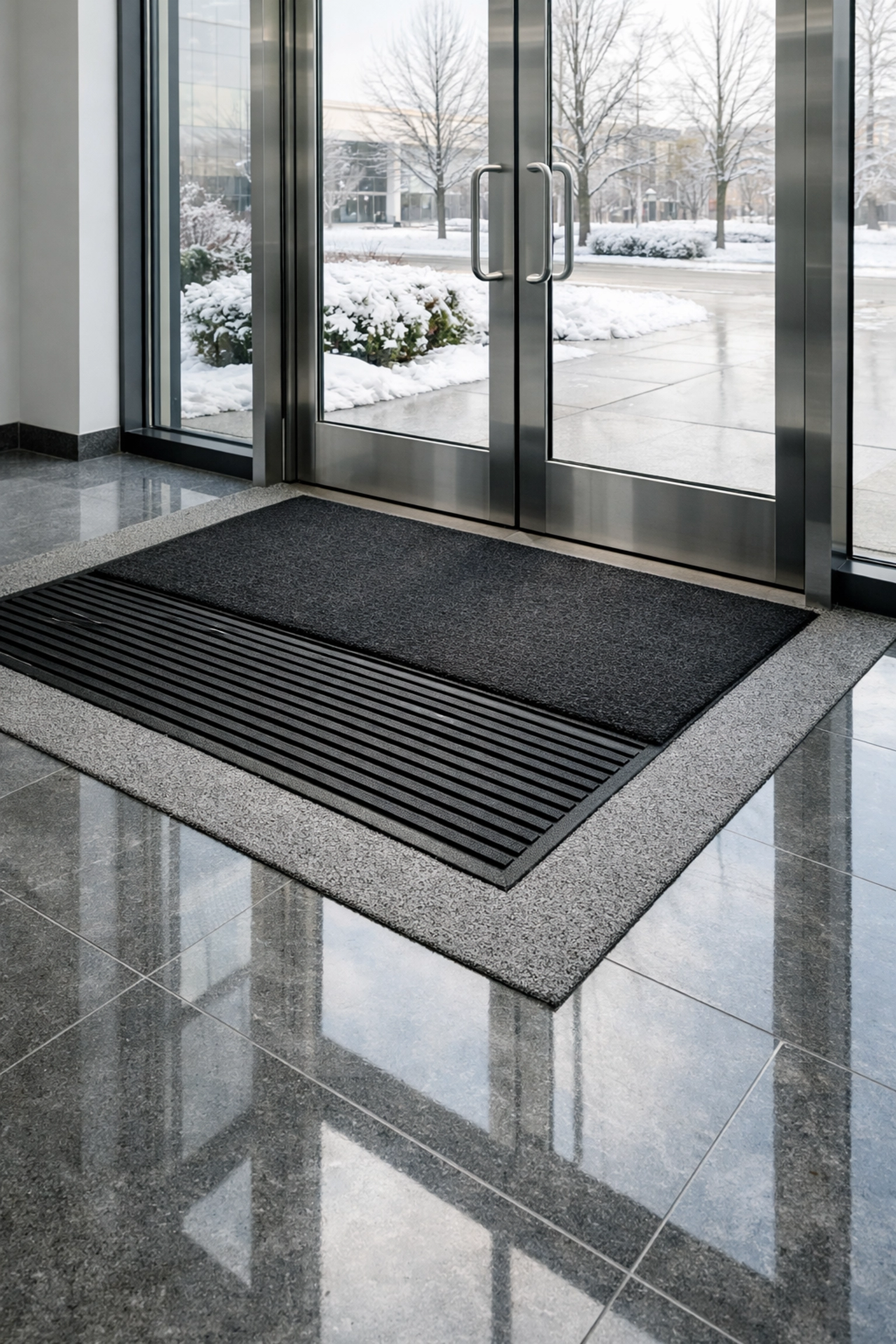 Modern office entrance with clean stone floors and winter floor mats to prevent salt damage.