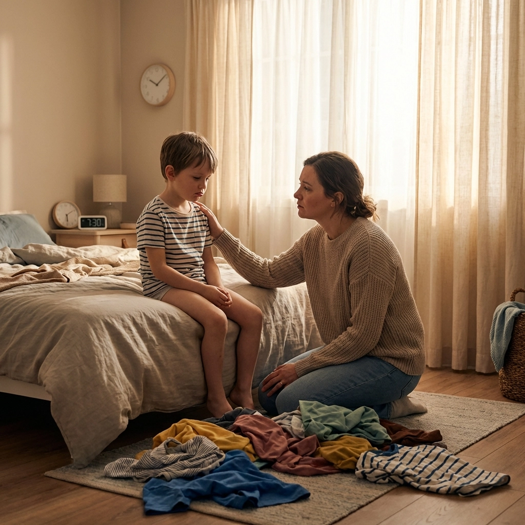 Parent helping child choose sensory friendly clothing during difficult morning routine