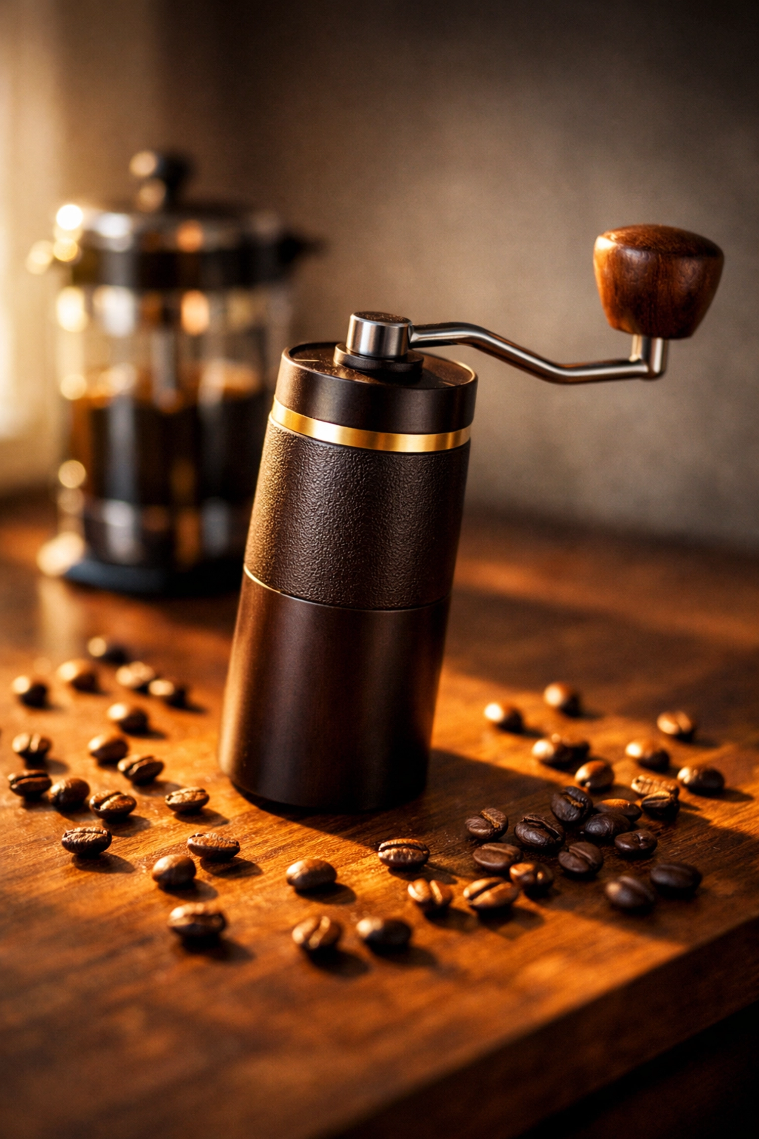 Manual burr coffee grinder with whole beans on wooden counter for budget-friendly home brewing