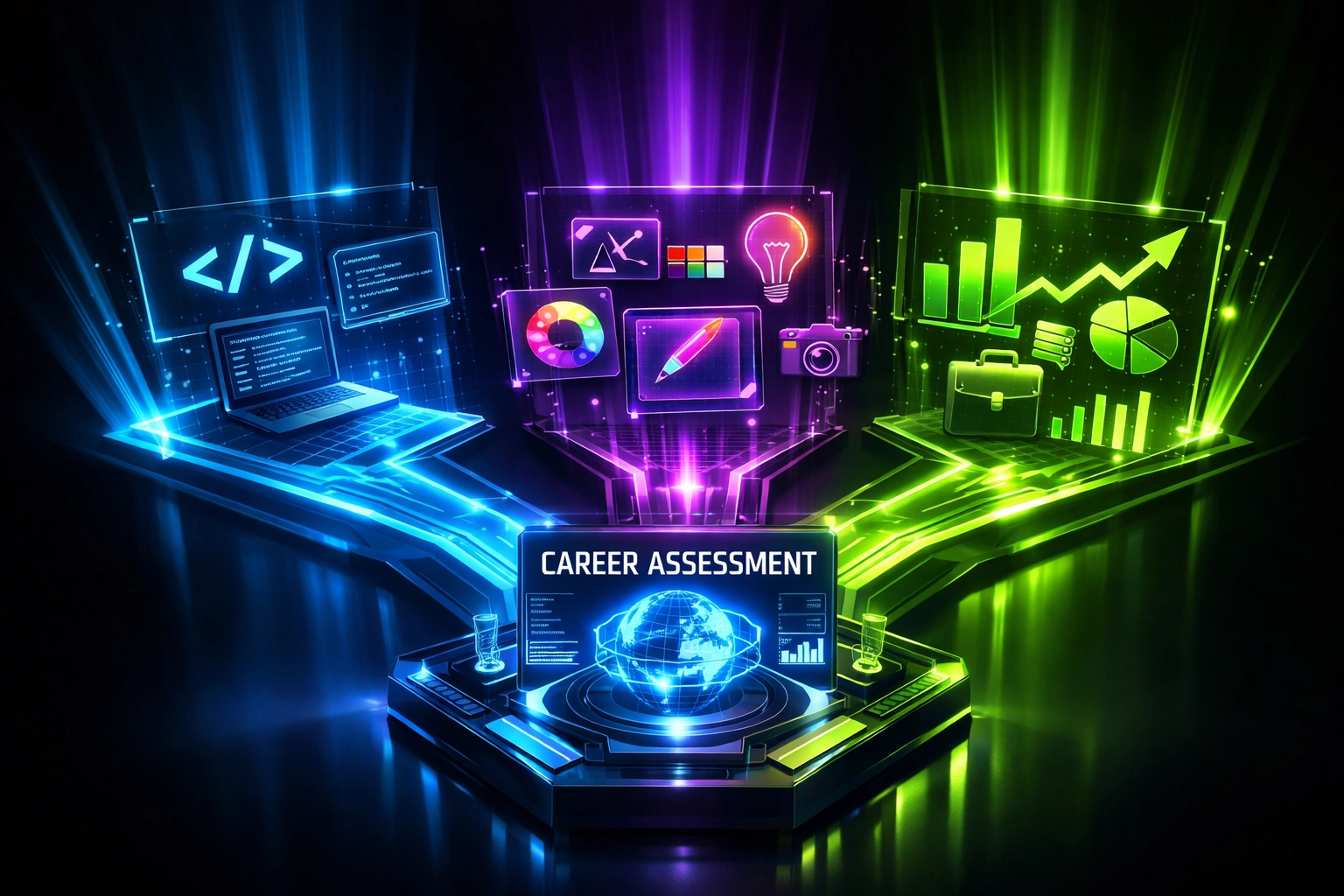 Custom AI assessment pathways branching into different career tracks for personalized student evaluation