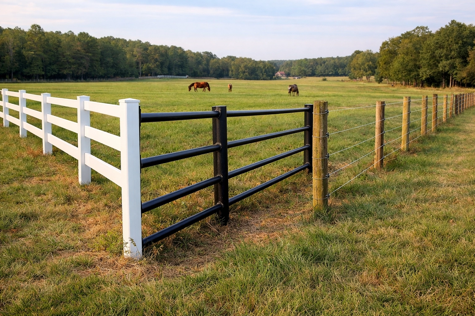 Horse farm fencing options including board fence and pipe rail with pastures in North Carolina