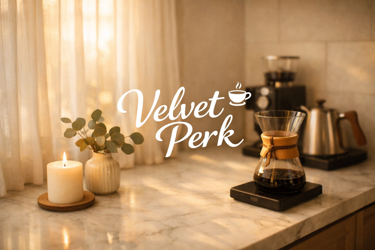 Sunlit kitchen coffee station with candle creating peaceful morning ritual atmosphere