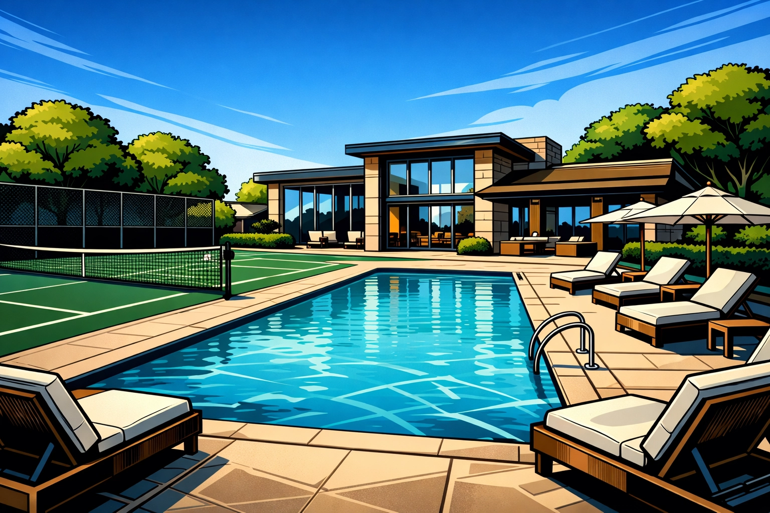 Walden Woods luxury community amenities including swimming pool and tennis courts in Windsor, CT.