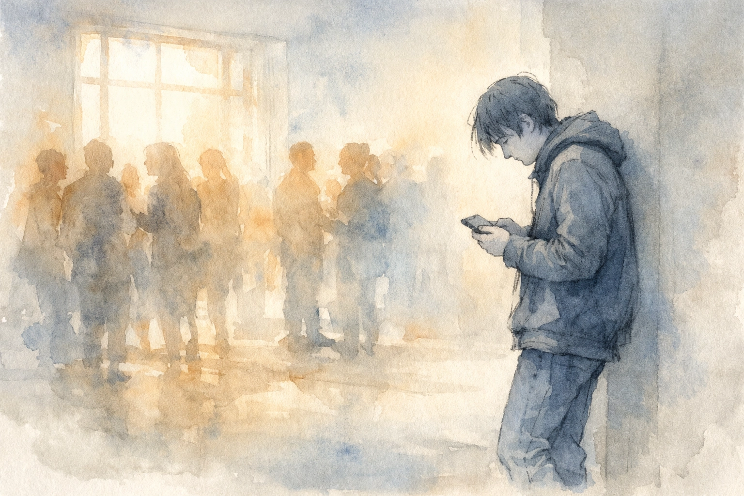 Anxious church guest standing alone in lobby feeling unseen and isolated