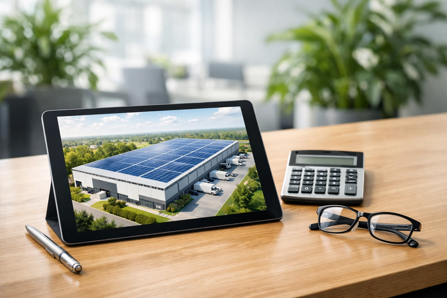 Professional office desk with a tablet displaying a commercial solar panel investment plan for a warehouse.