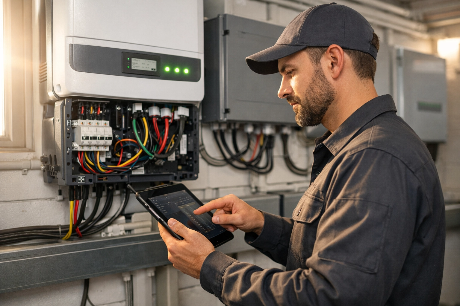 A professional renewable energy technician using a tablet to optimize a solar inverter installation.