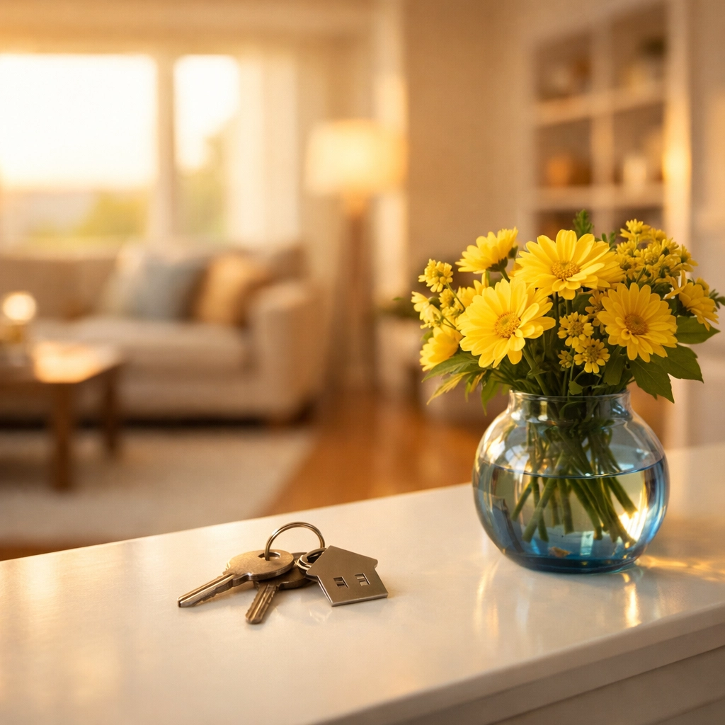A tidy entryway with flowers and keys, showcasing a clean home ready for the weekend in Fitchburg.