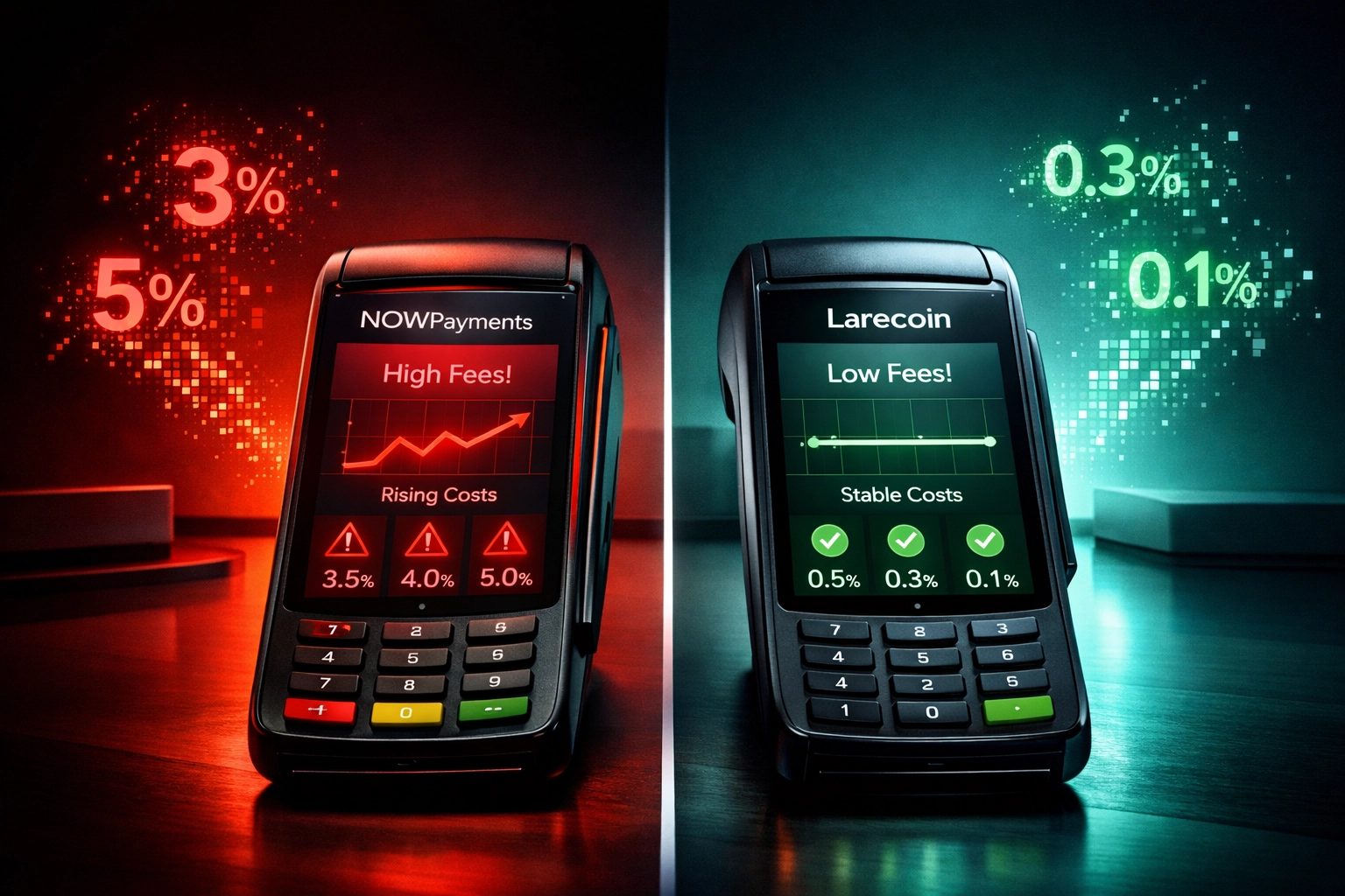 NOWPayments vs Larecoin payment terminal comparison showing fee differences for merchants