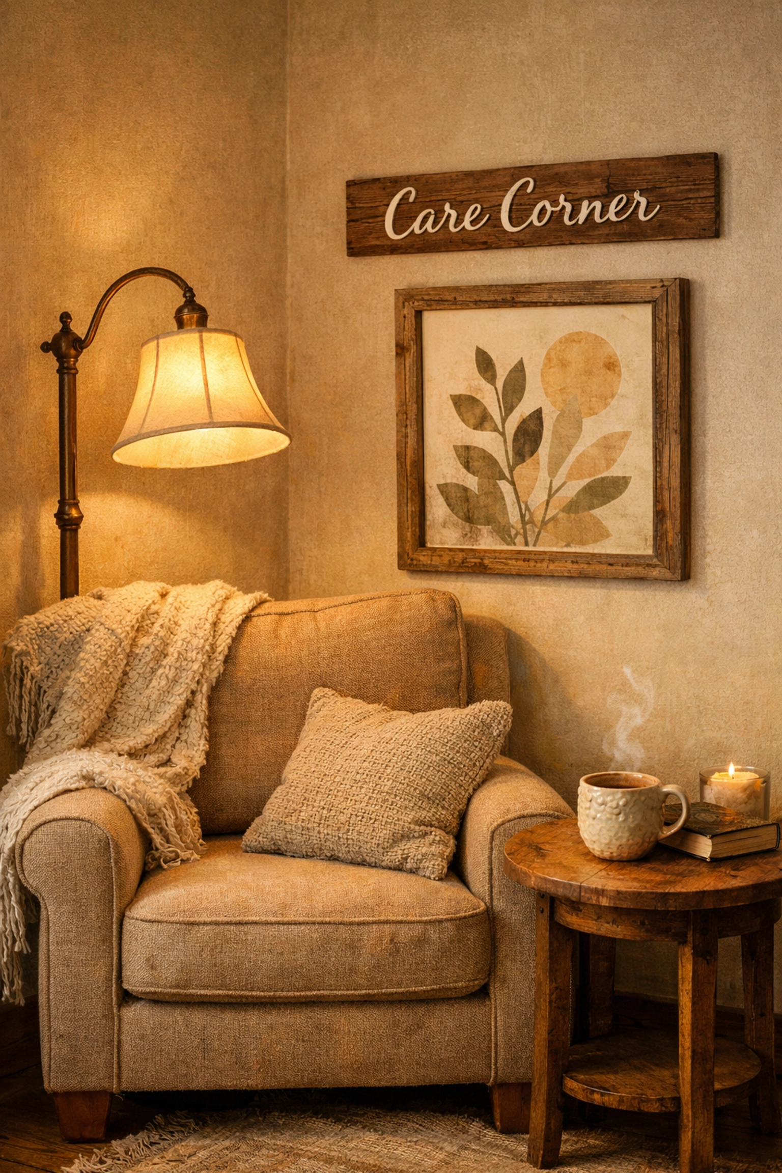 A peaceful care corner with an armchair and handcrafted home accessories for a curated home environment.