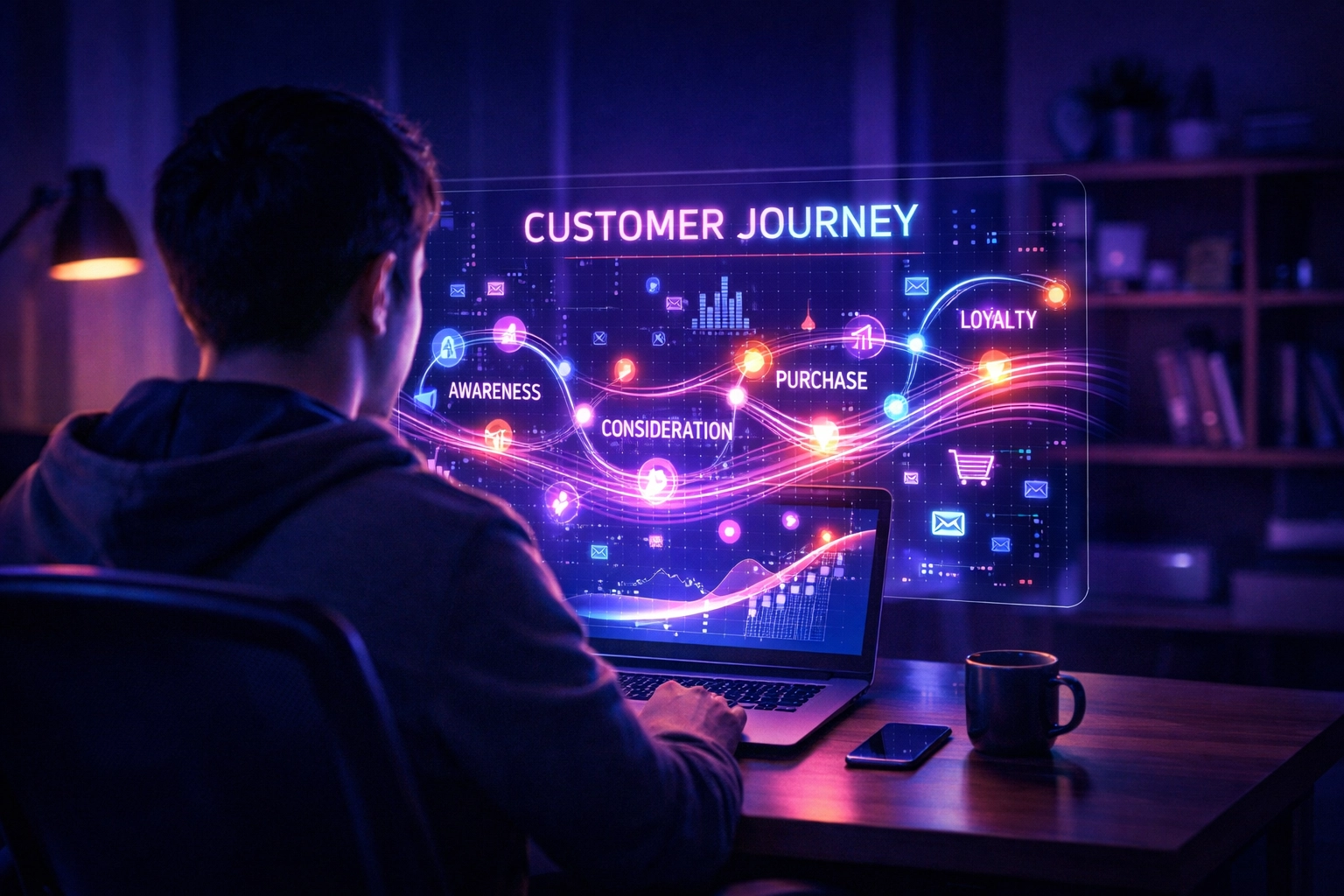 Digital marketer using a holographic interface to map a complex customer journey for email automation.