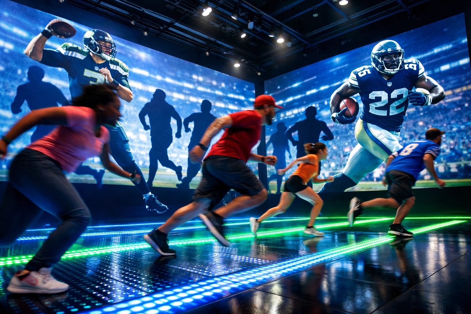 Fans racing against NFL players on LED screens at Super Bowl 2026 interactive fan experience