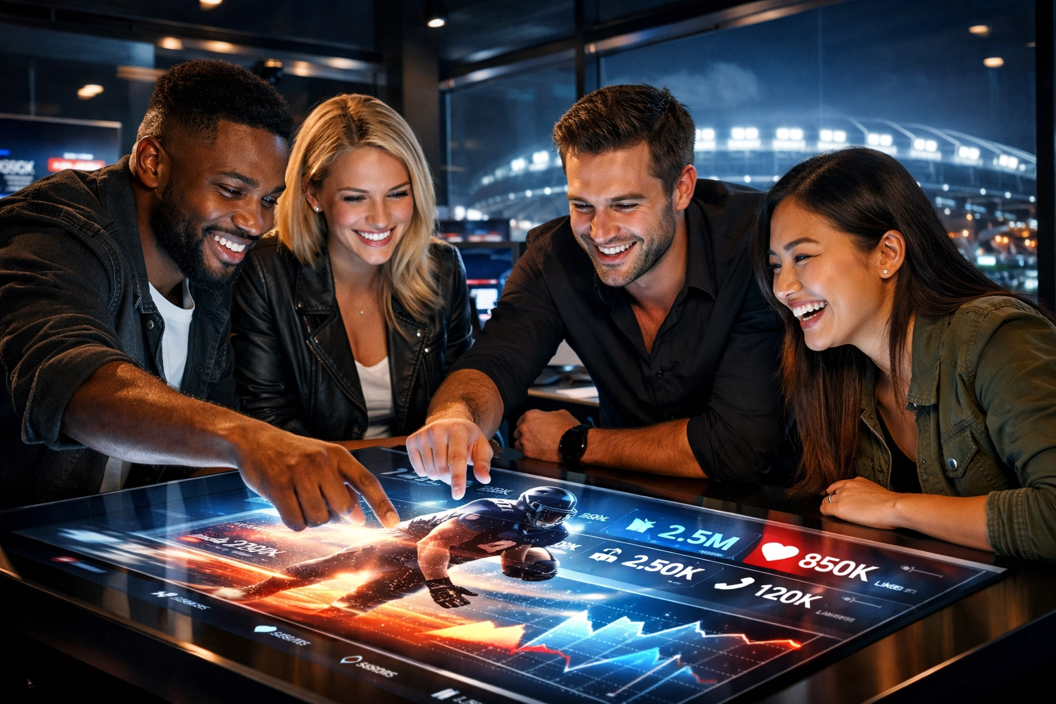 Marketing strategists collaborating on sports data and engagement metrics for long-term brand ROI and high performance.