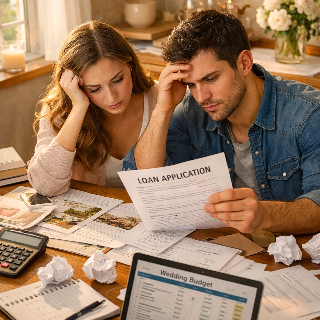 Stressed couple reviewing wedding loan documents and budget planning materials at kitchen table