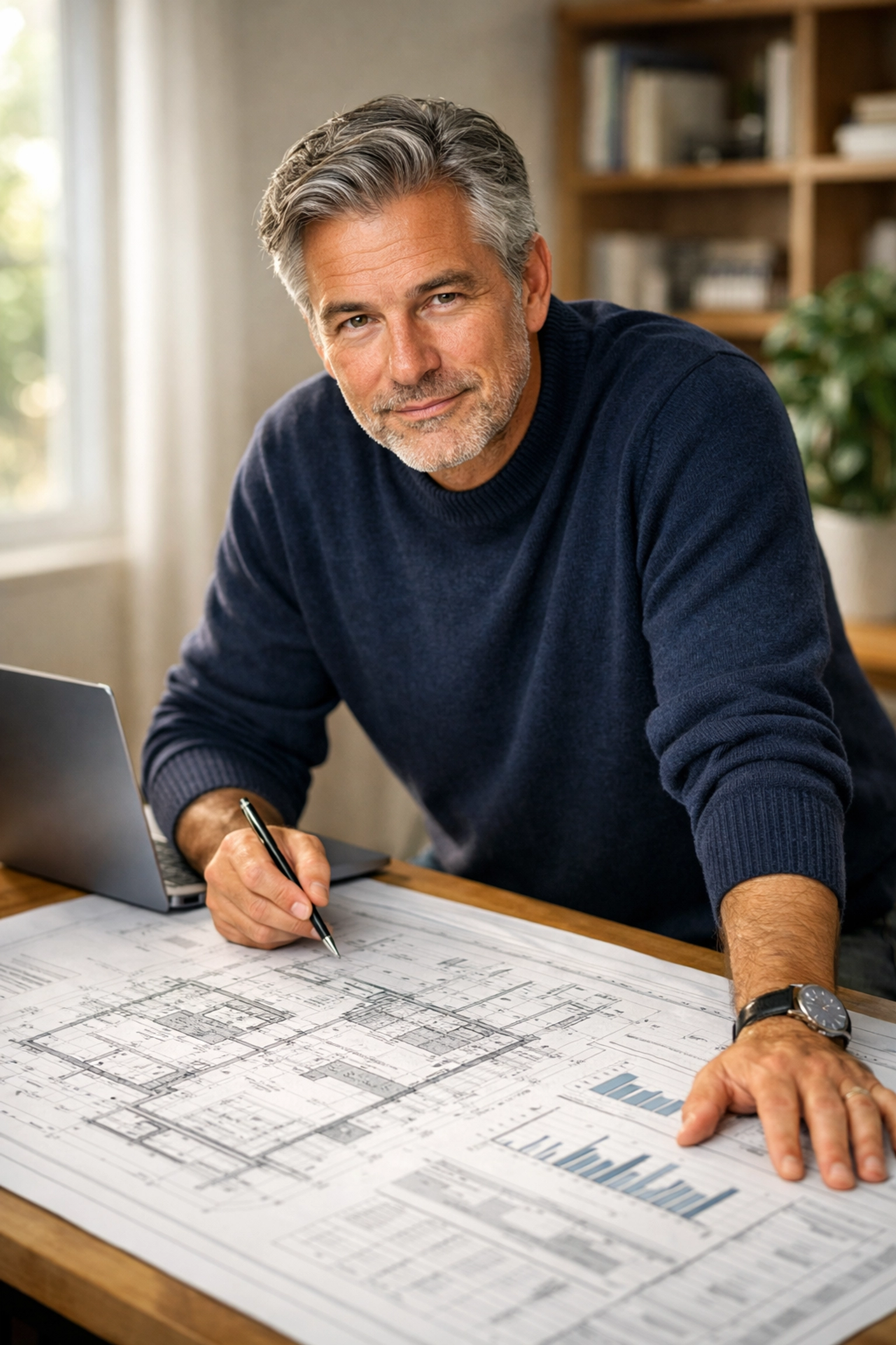 Professional man reviewing a customized retirement plan blueprint for an engineered financial strategy.