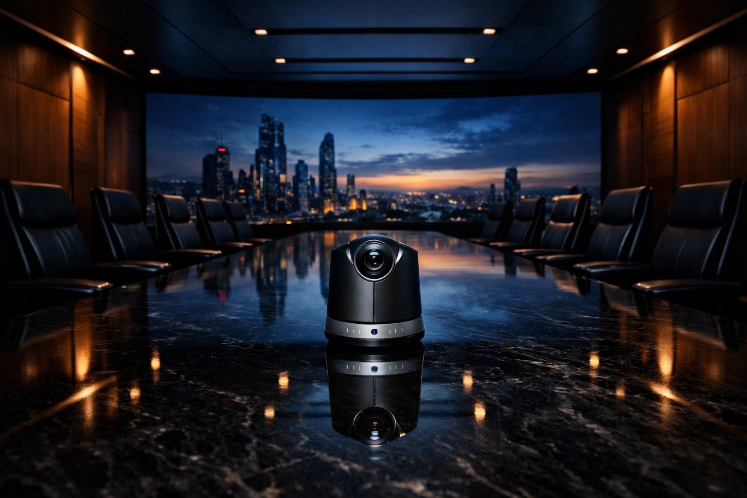 Intelligent corporate boardroom featuring integrated video distribution and a smart camera system.