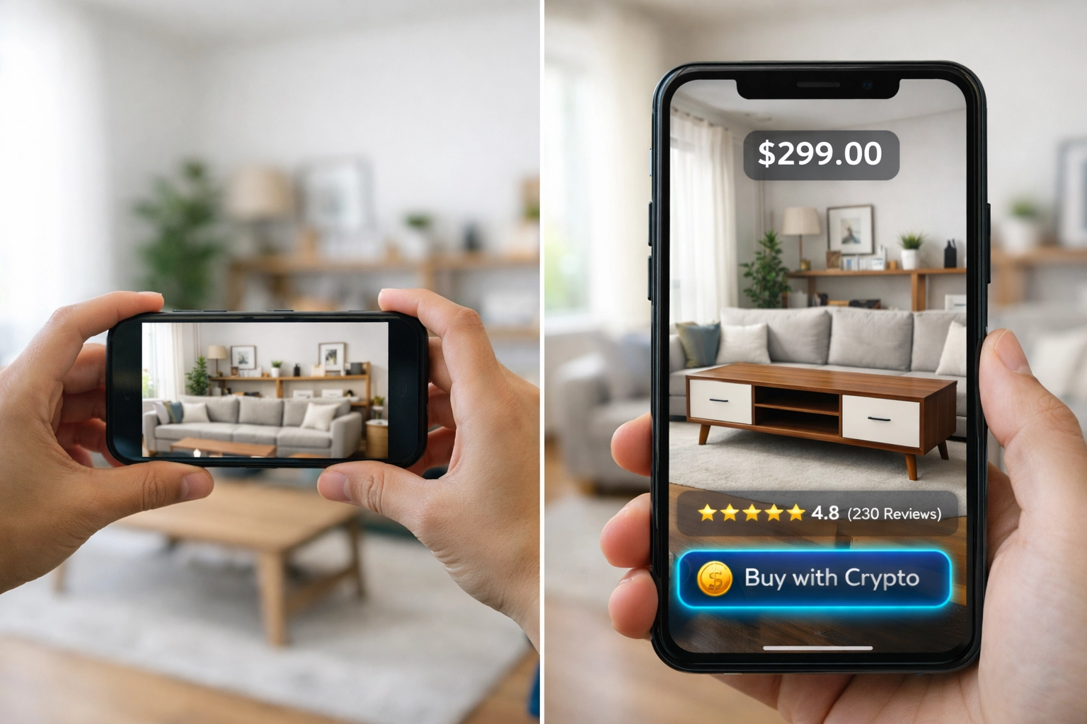 AR shopping with smartphone showing furniture overlay and crypto checkout button in living room