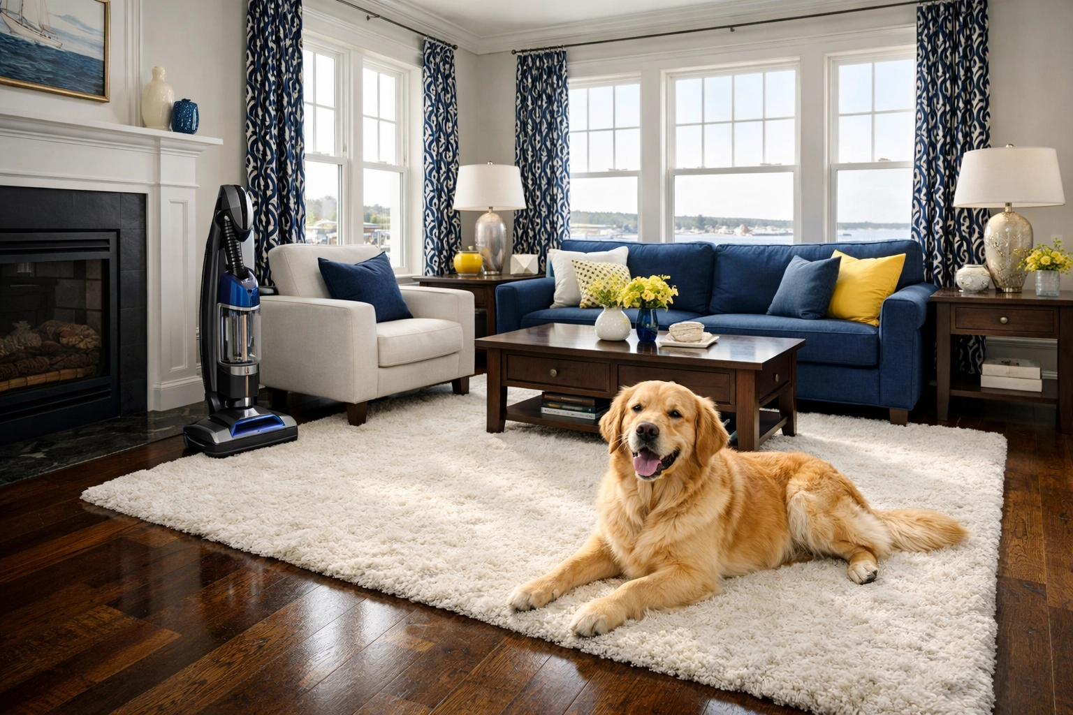 Lunenburg home cleaning with Golden Retriever and vacuum on pet-friendly hardwood floors.